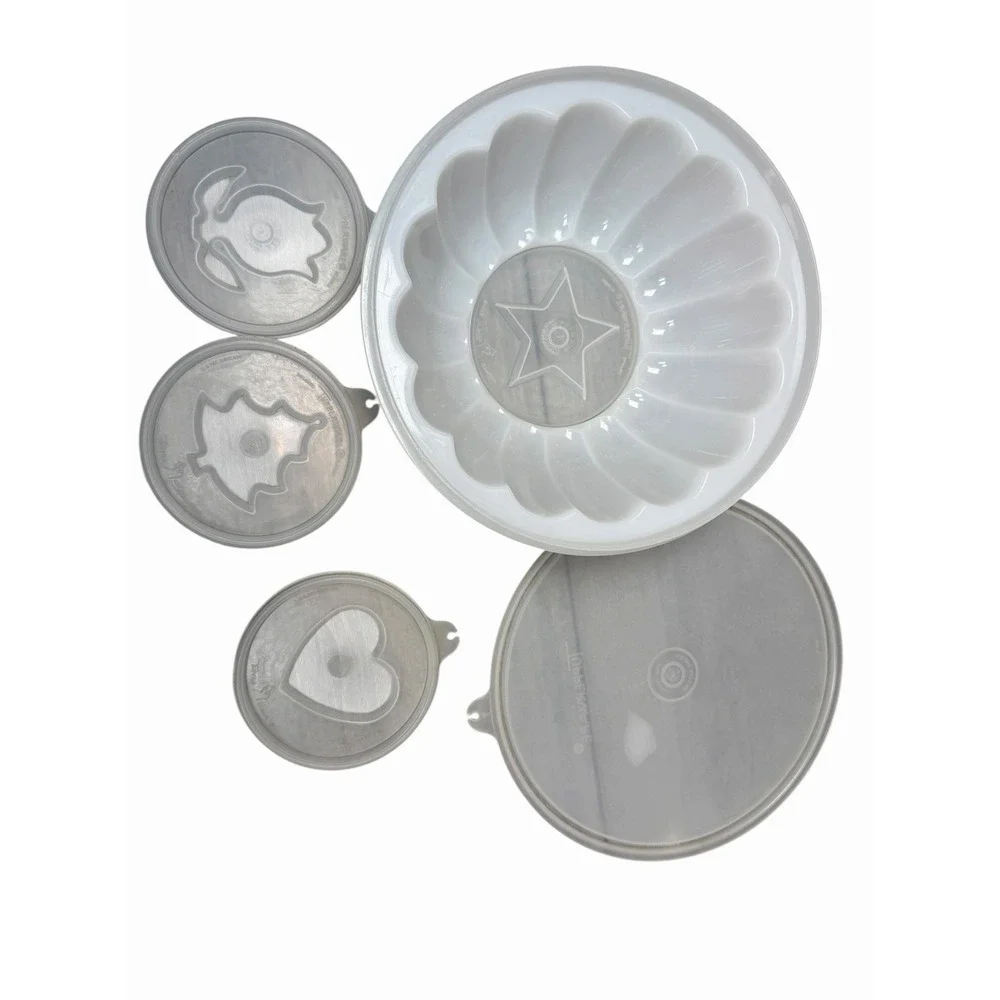 Vintage Tupperware Jel-N-Serve Jello Mold Set 4 Inserts Star Heart‎ Tree Tulip